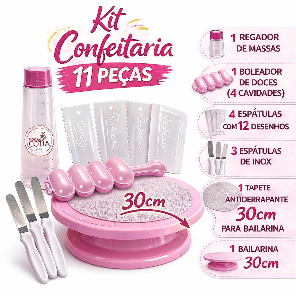 Kit Confeitaria 11 Pçs Bailarina 30cm/28cm Espátula Inox Boleador Regador Tapete Completo Doce Bolos