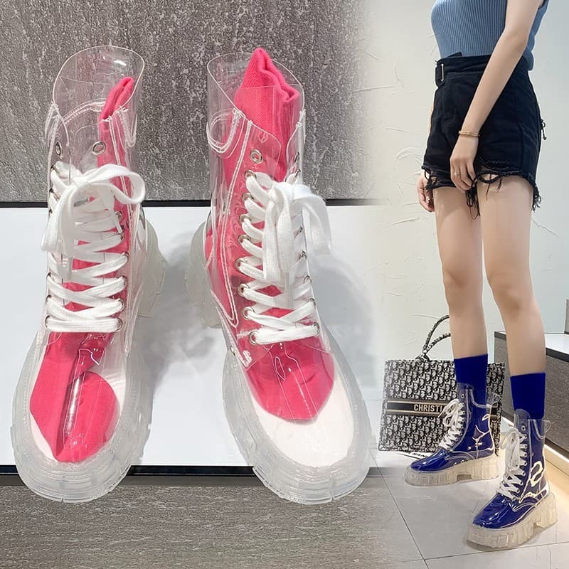 Novo estilo de outono com cadarço frontal em gel, botas transparentes de tamanho grande para mulheres 2022, modelo redon
