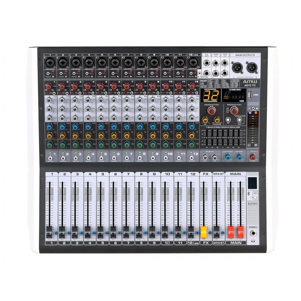 AMW AG12 v2 - Mesa de Som 12 Canais 99 Efeitos DSP BT Interface USB e Faders de 100mm