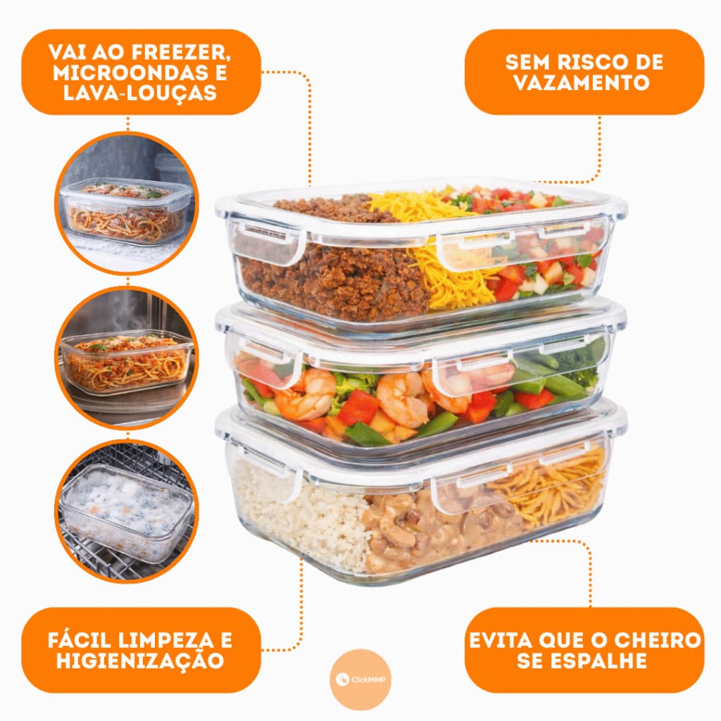 Potes De Vidro Herméticos 640ml Retangulares Para Mantimentos Marmita 4 Travas