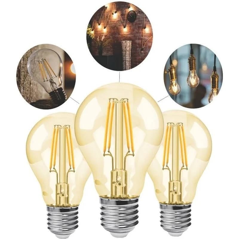 Kit 3 Lâmpada Filamento Led A60 Bulbo 4w 2200k Luz Âmbar Bivolt Galaxy