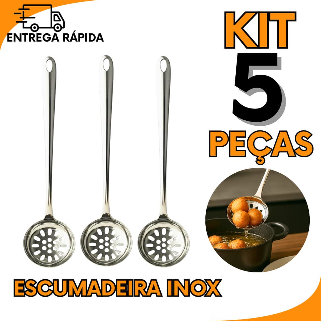 Kit 5 3 ou 1 Escumadeira de Aço Inox Resistente Cozinha Domestica e Profissional