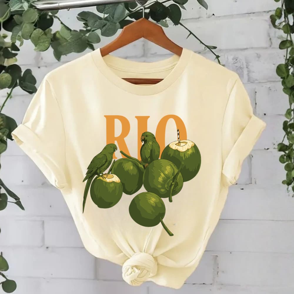 Camiseta Feminina Básica 100% Algodão Confortável Casual T-shirt Tropical "RIO COCO"