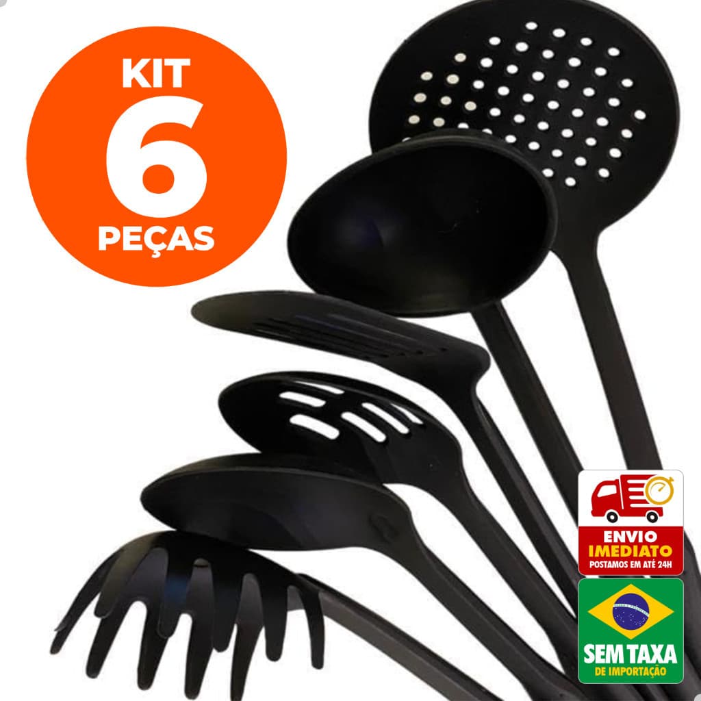 Conjunto 6 Peças Utensílios Nylon Preto Para Cozinha Colher Concha Pegador Massa