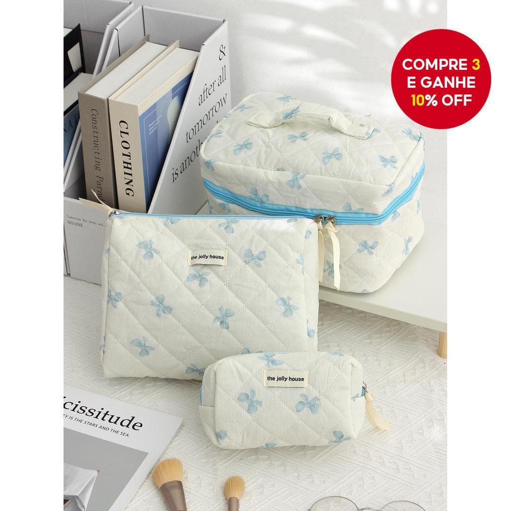Conjunto de Bolsas de Maquiagem com Laço Azul - Estojo Organizador de Cosméticos de Grande Capacidade e Bolsa de
