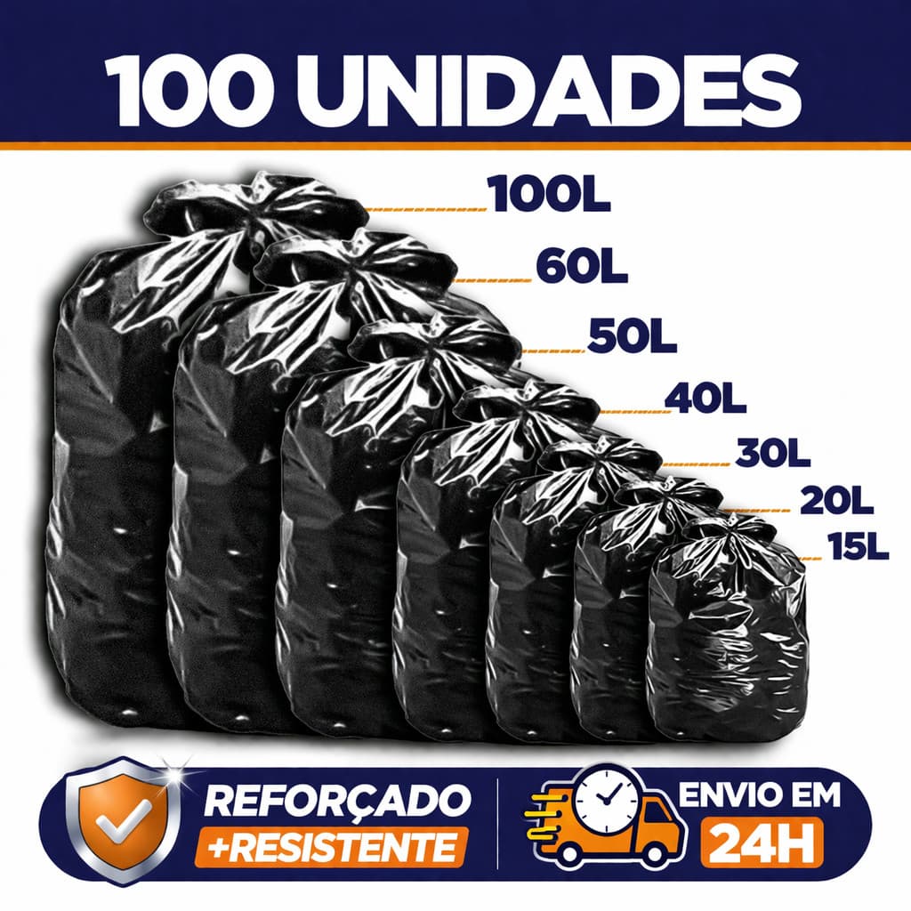 Saco de Lixo Reforçado 100 unidades - Tamanhos 15L - 20L - 30L - 40L - 50L - 60L e 100L