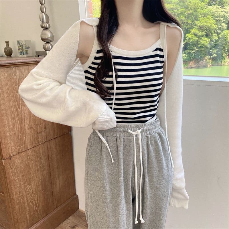 Primavera puro desejo estilo Retro quente menina malha listrado camisola + amarrado curto xale de manga comprida terno d