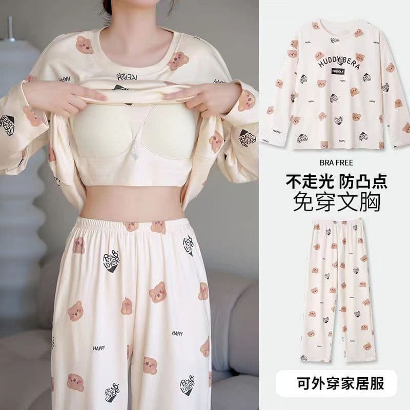 Pijamas femininos primavera Plus Size manga comprida doce solto com almofada no peito terno Casual ao ar livre
