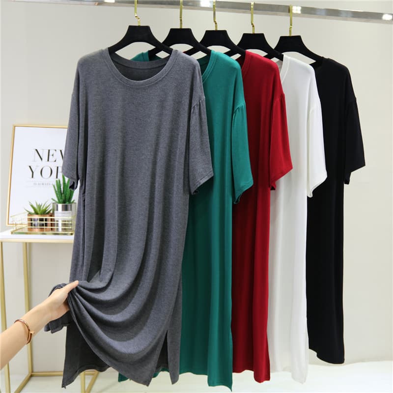 Vestido de comprimento médio fino em torno do pescoço saia de fundo verão exterior Wear Casual moda saia dividida manga