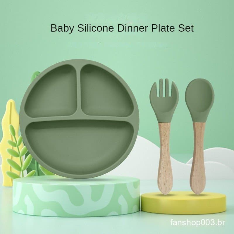 3PCS Kit Prato Com Divisórias Ventosa Para Bebê Silicone Garfo E Colher Prato Infantil Talheres Kit Introdução Alimentar
