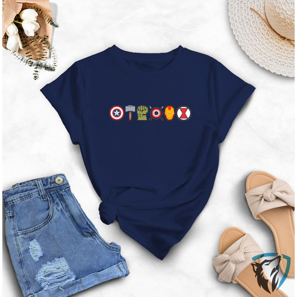Camiseta Feminina Estampada Com Avengers Minimalista Ícones Dos Heróis Filmes Marvel Infinity