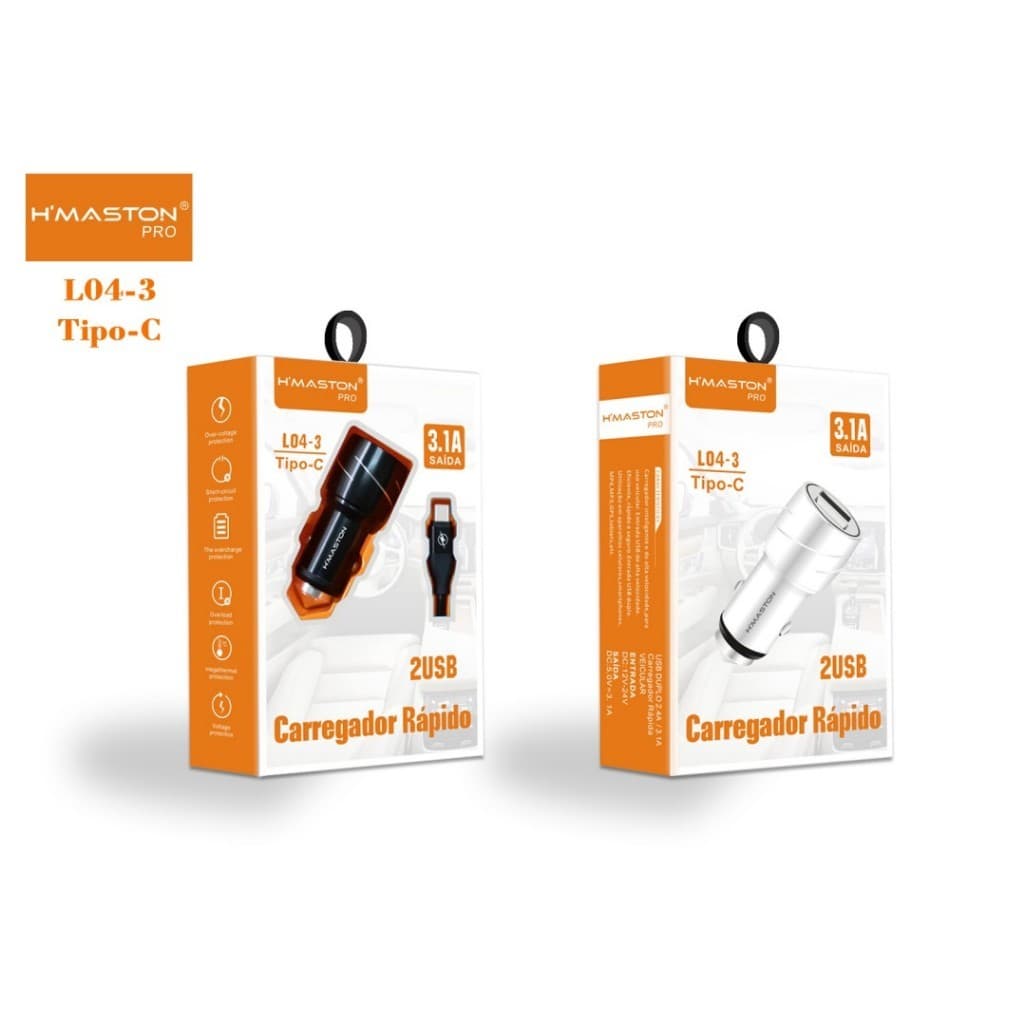 CARRREGADOR VEICULAR RAPIDO COM CABO TIPO-C/IOS/v8 HMASTON