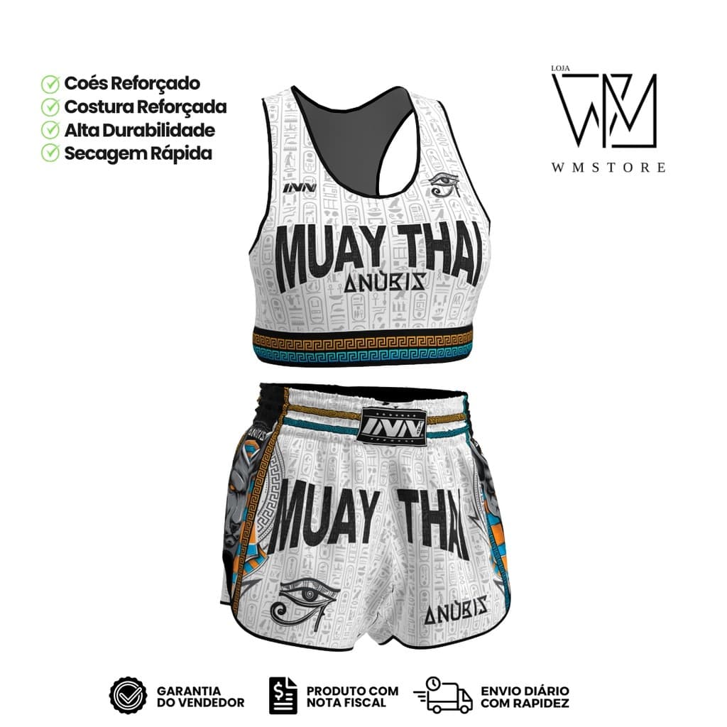 Conjunto Top e Short Muay Thai Feminino Anúbis Branco