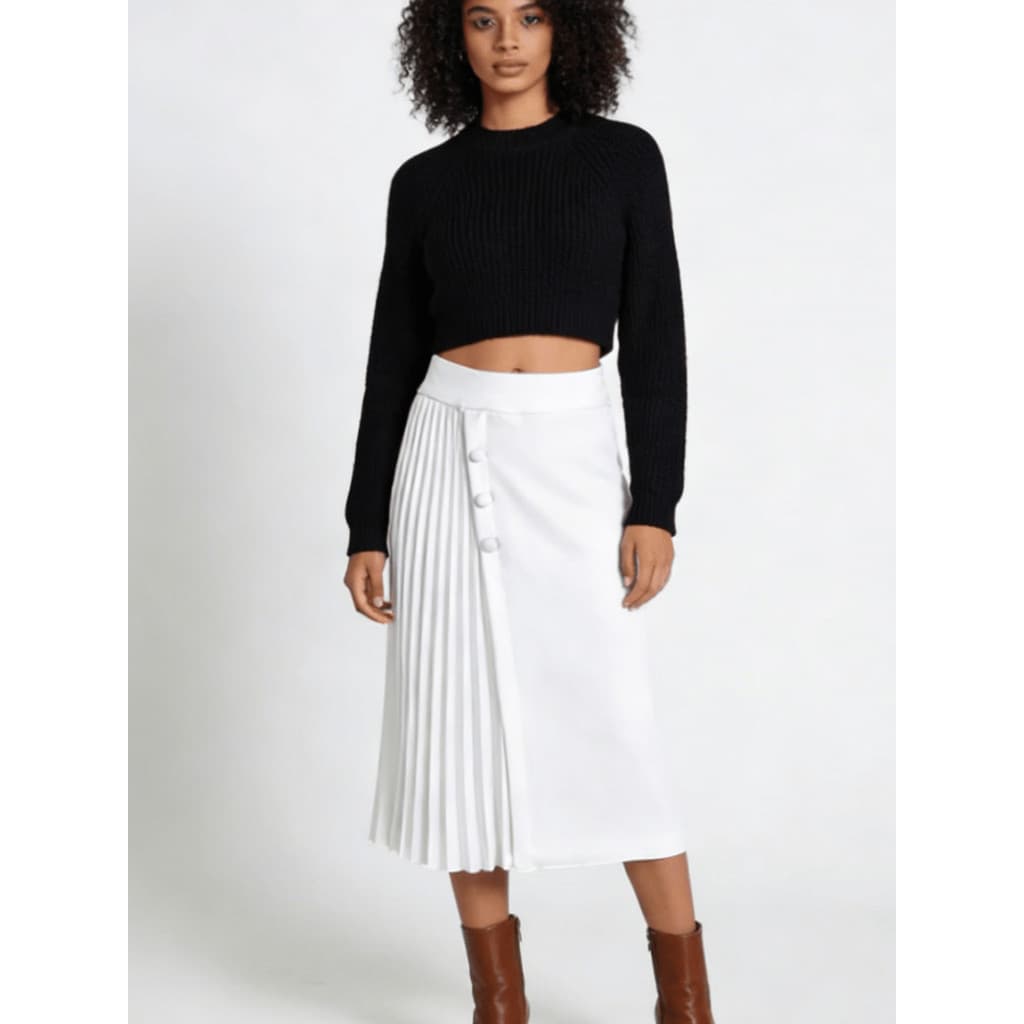 Saia Midi Plissada Feminina Alfaiataria com Botões – Social, Moda Evangélica e Plus Size