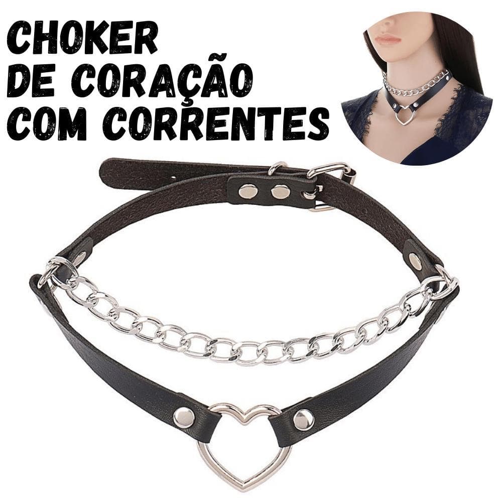 Coleira Couro Coração Luxo com Correntes Metal Choker Gargantilha Colar Style Moda Acessório