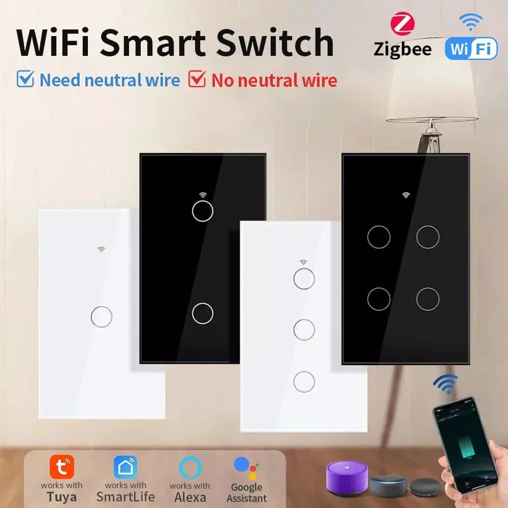 Smart Touch Switch 1 2 3 4 Controle De Voz Com Luz Remota Neutra Sem Fio