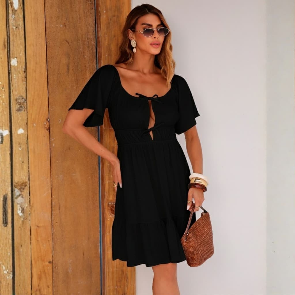 Vestido Franzido Manga Ampla Com Amarração Feminino Revanche Basileia