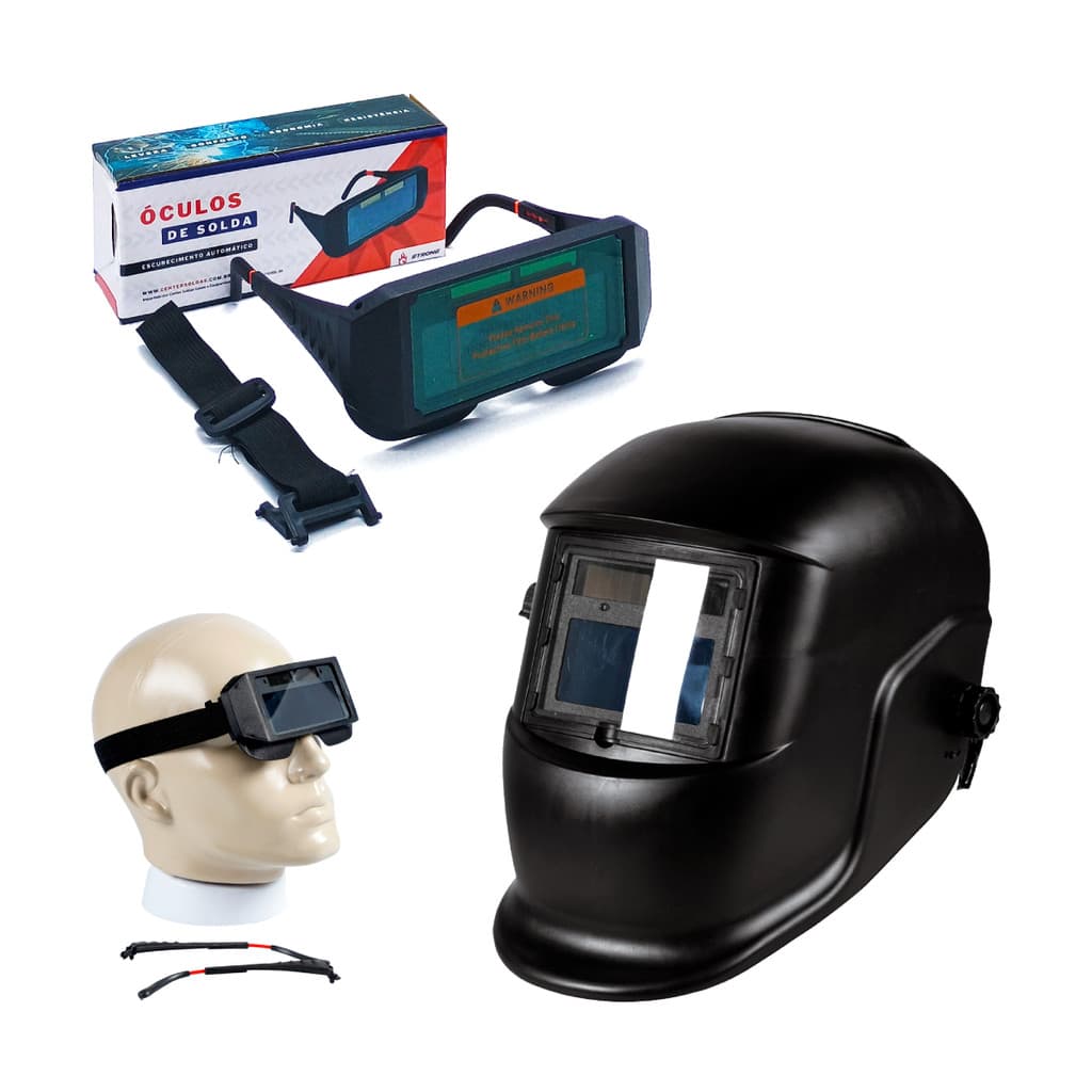 Kit Máscara Solda Automática Regulagens Internas Delay Sensibilidade 9-13 + Óculos Soldador Escurecimento Automático