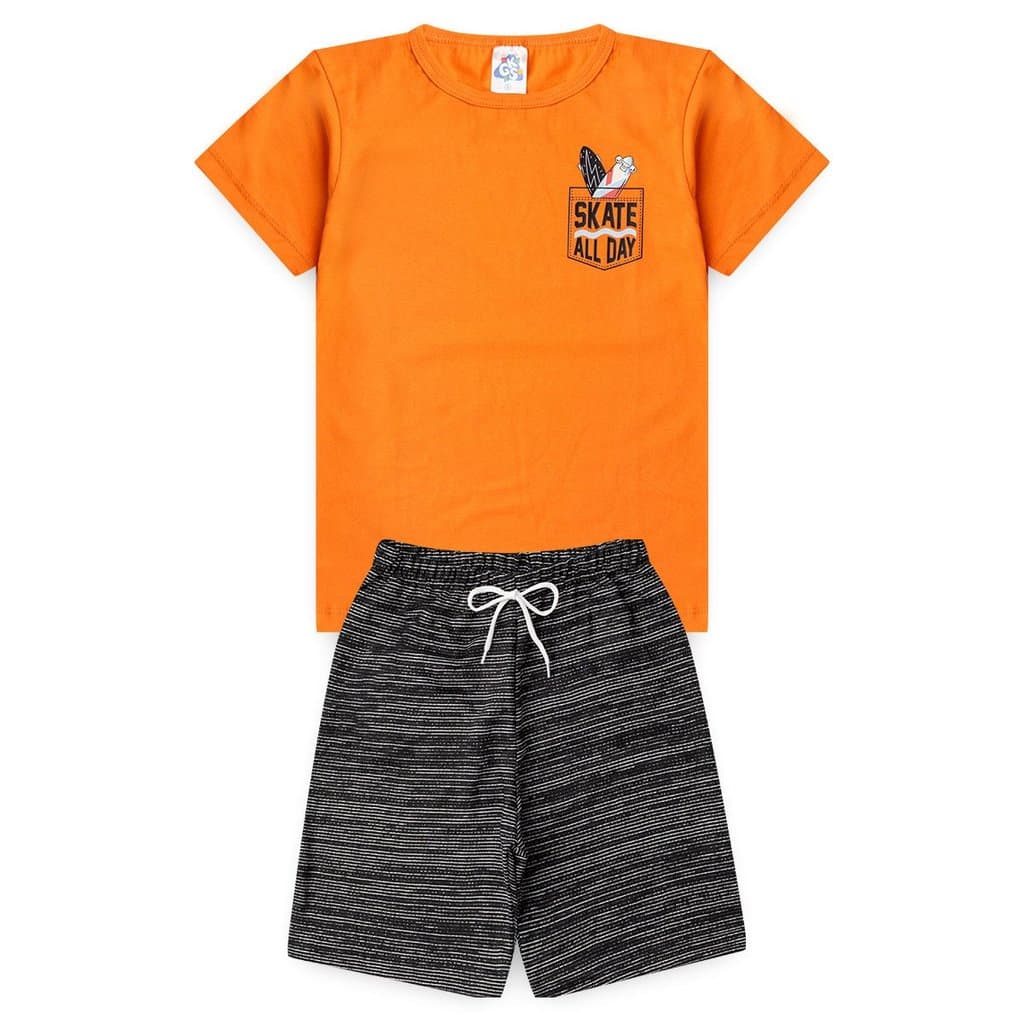 Conjunto Infantil de Verão para Menino Skate All Day Camiseta 100% Algodão Bermuda Moletinho - GKS