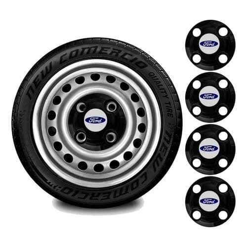 Kit De Jogo 4 Calotinhas Centrais Rodas Ford Aro 13 14 15 Preto