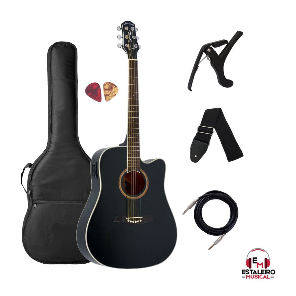 Violao Strinberg London LE30C BK Preto Brilhante Elétrico Folk Aço + Acessórios