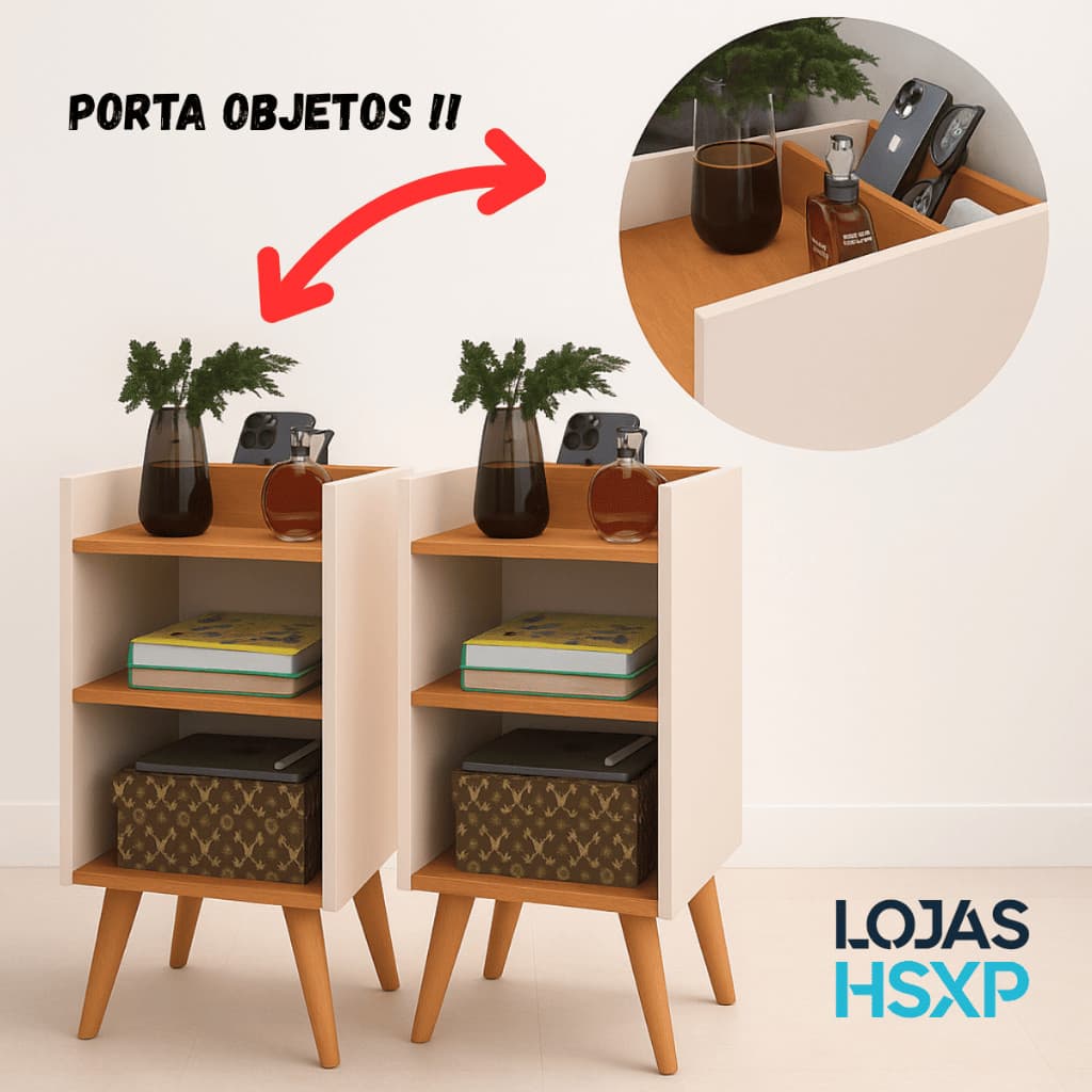 Kit 2 Criados-Mudos MAX Compactos com Porta Celular-Objetos e Pés Retrô Mesa Lateral Moderna