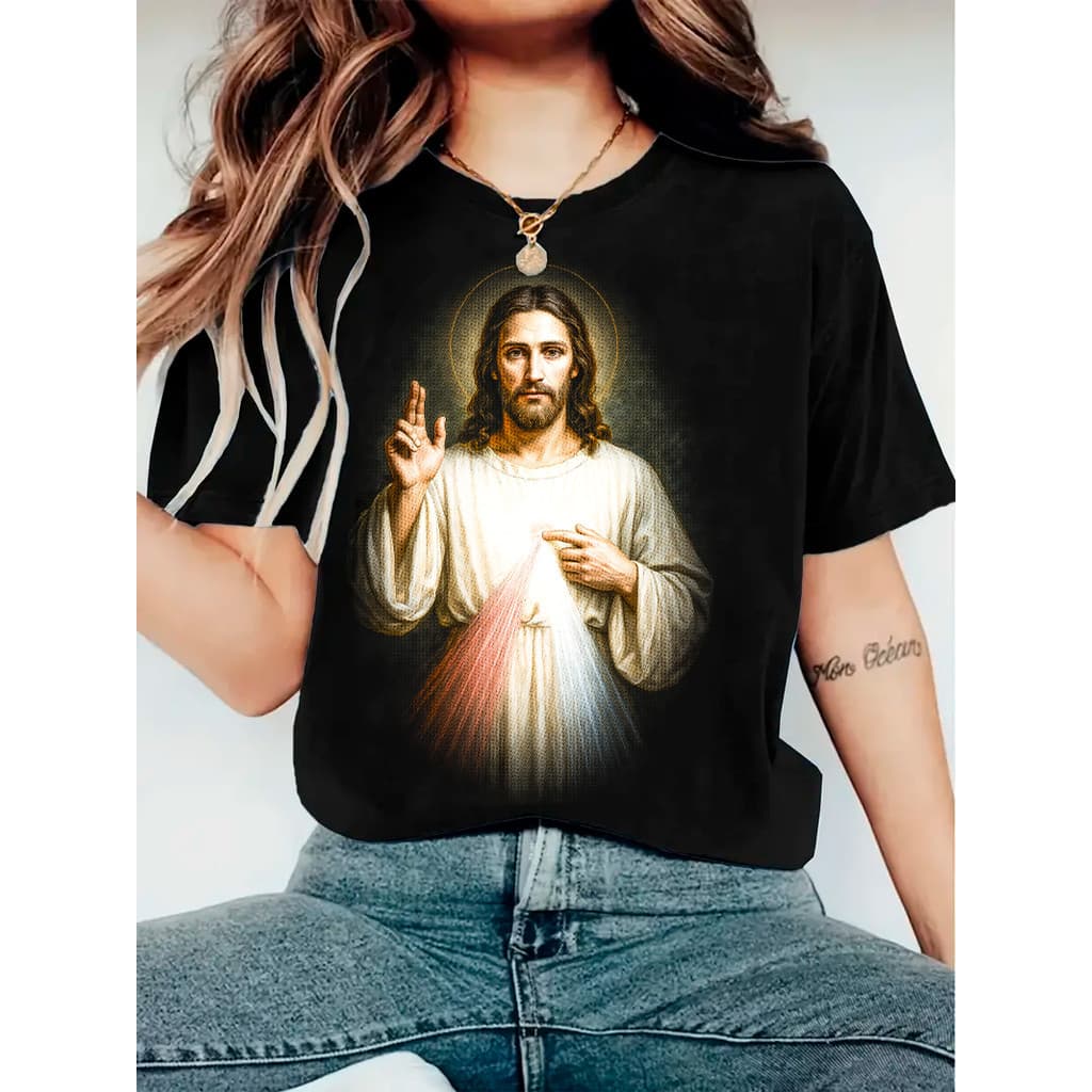 Camiseta Feminina Jesus Misericordioso Raios Divinos Estampa Católica 100% Algodão Blusinha Femenina
