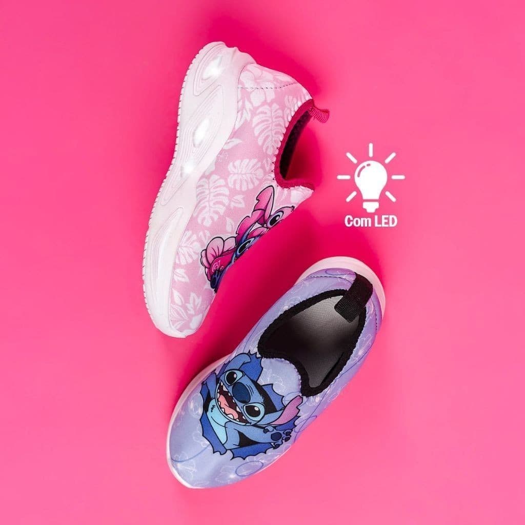 Tênis Infantil Menina Stitch Com Led Super Confortável Lançamento Slip Sem Cadarço Novo