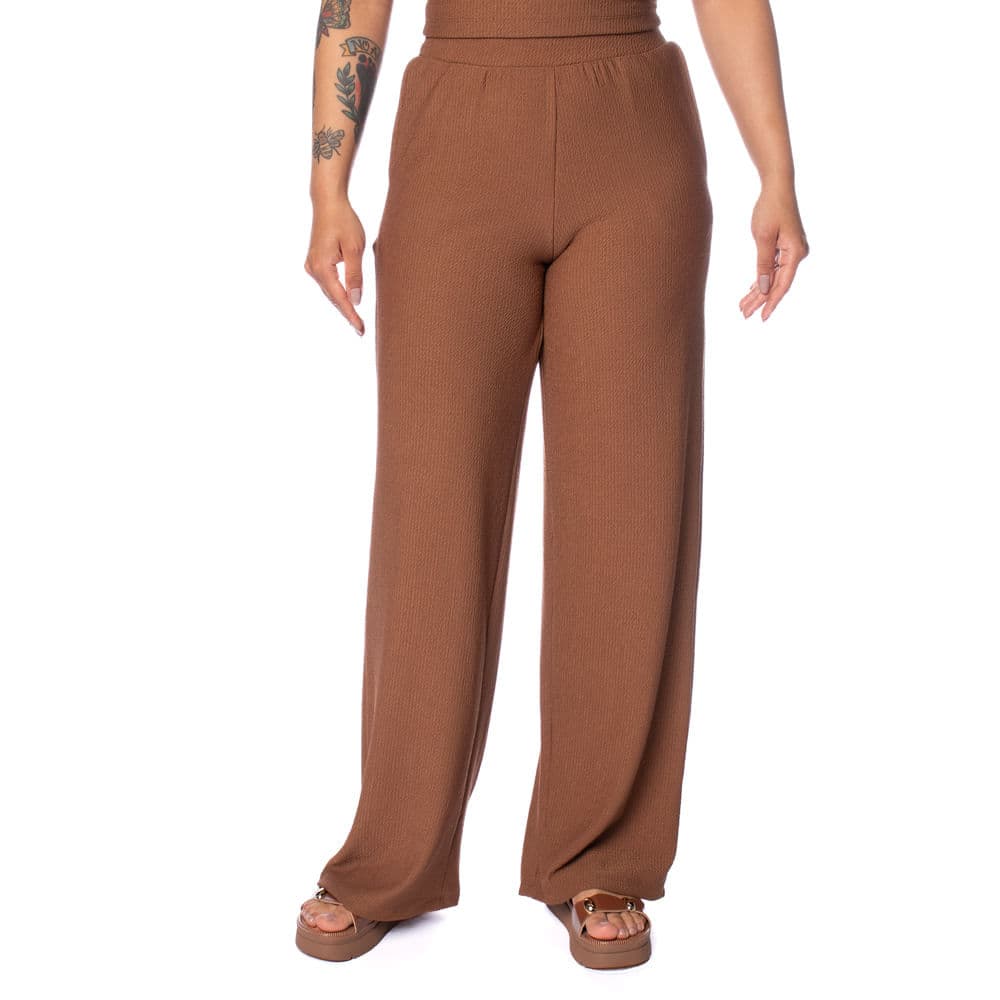 Calça Feminina Babicat Wide Leg Texturizada Marrom Escuro