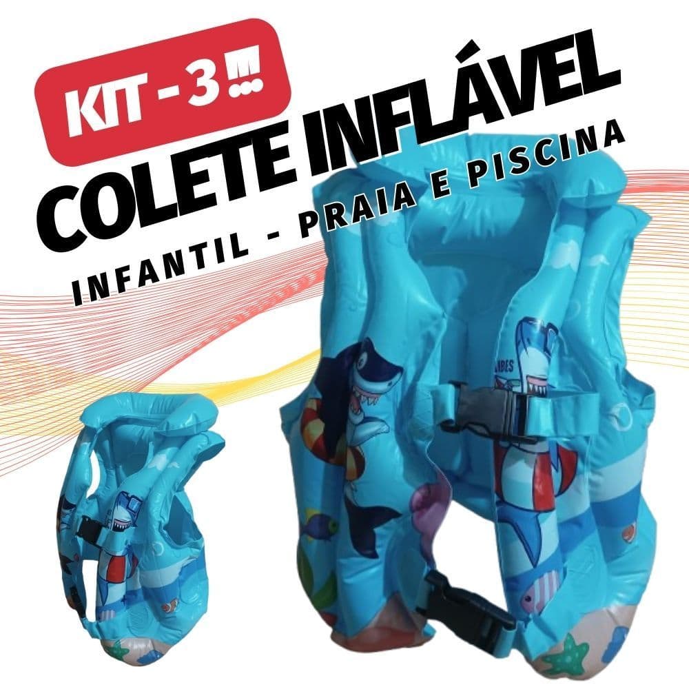 KIT 3 Colete Inflável Infantil Boia Praia Piscina Salva Vidas AZUL