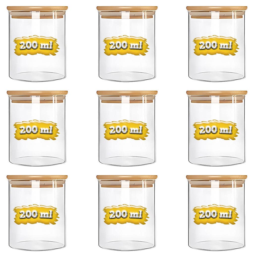Kit Potes Herméticos de Vidro com Tampa de Bambu 200ml para Alimentos Temperos e Condimentos