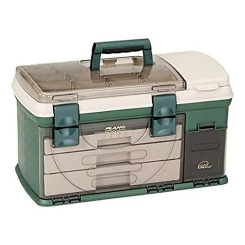Caixa Maleta de Pesca Plano 737 3 Gavetas Organizadora Profissional com Estojo 3500 Made in USA Verde Bege