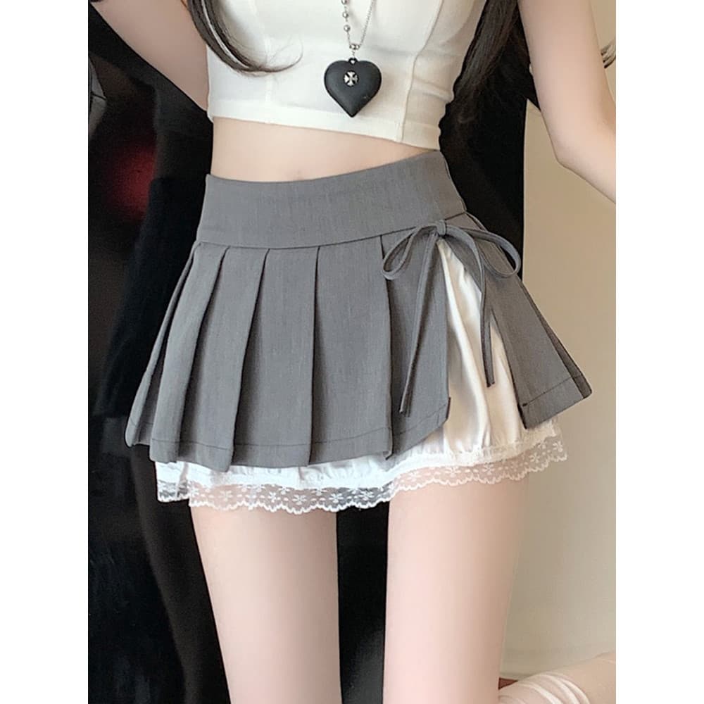 Puro desejo estilo quente menina renda costura saia plissada feminina verão cinza arco fenda a linha Mini saia calças