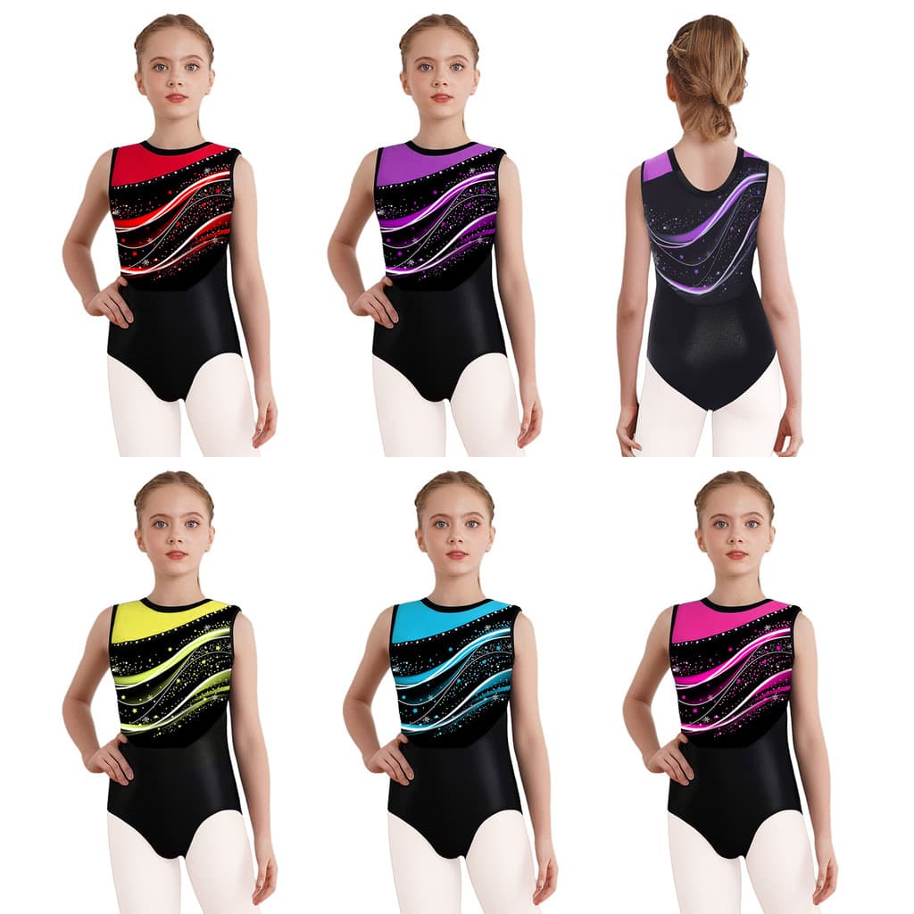 inhzoy Crianças Meninas Elegante Impressão Ginástica Dança Collant Em Torno Do Pescoço Sem Mangas Retalhos Bodysuit Para
