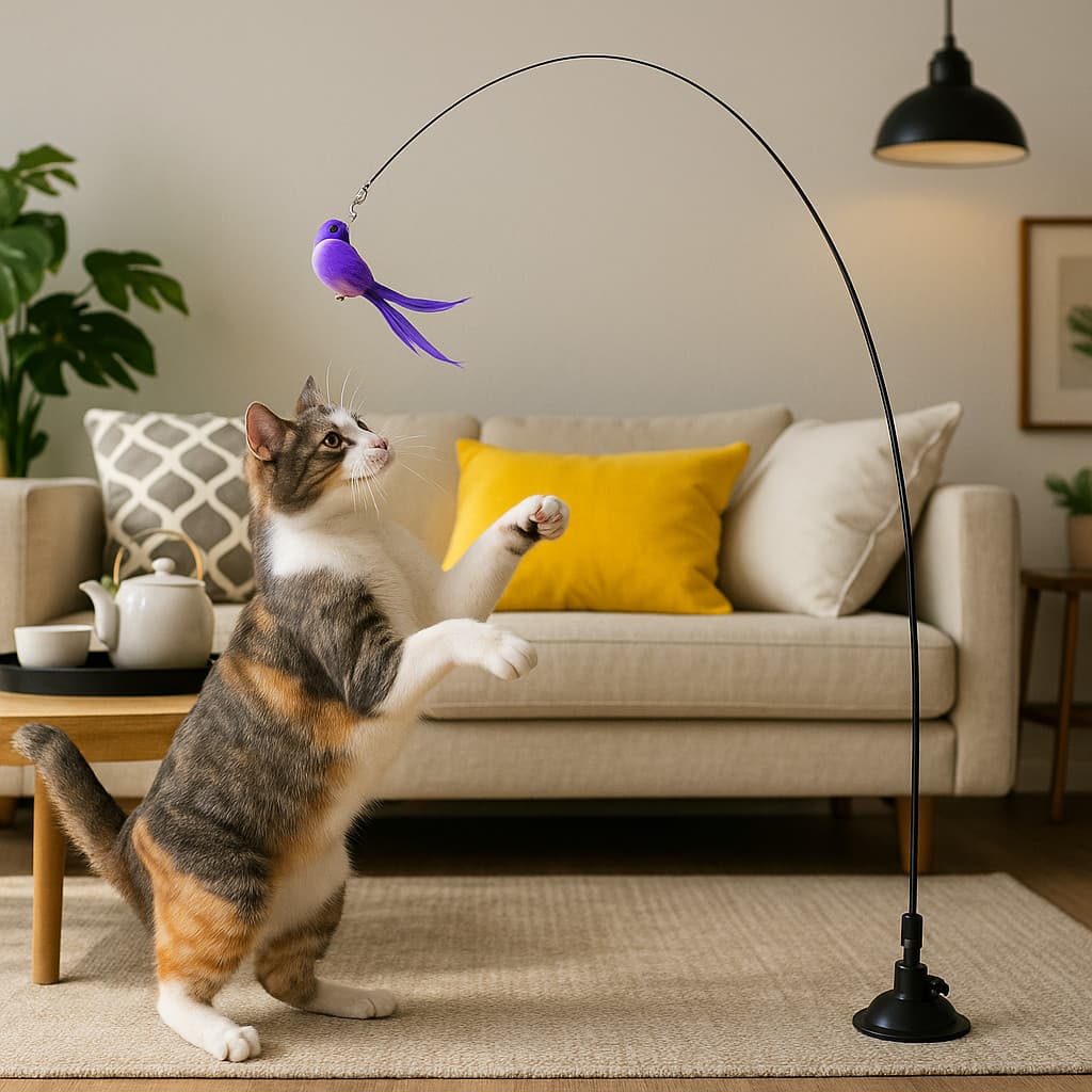 Brinquedo Varinha Gato Pena de Passaro Com Ventosa Fixa No Chao