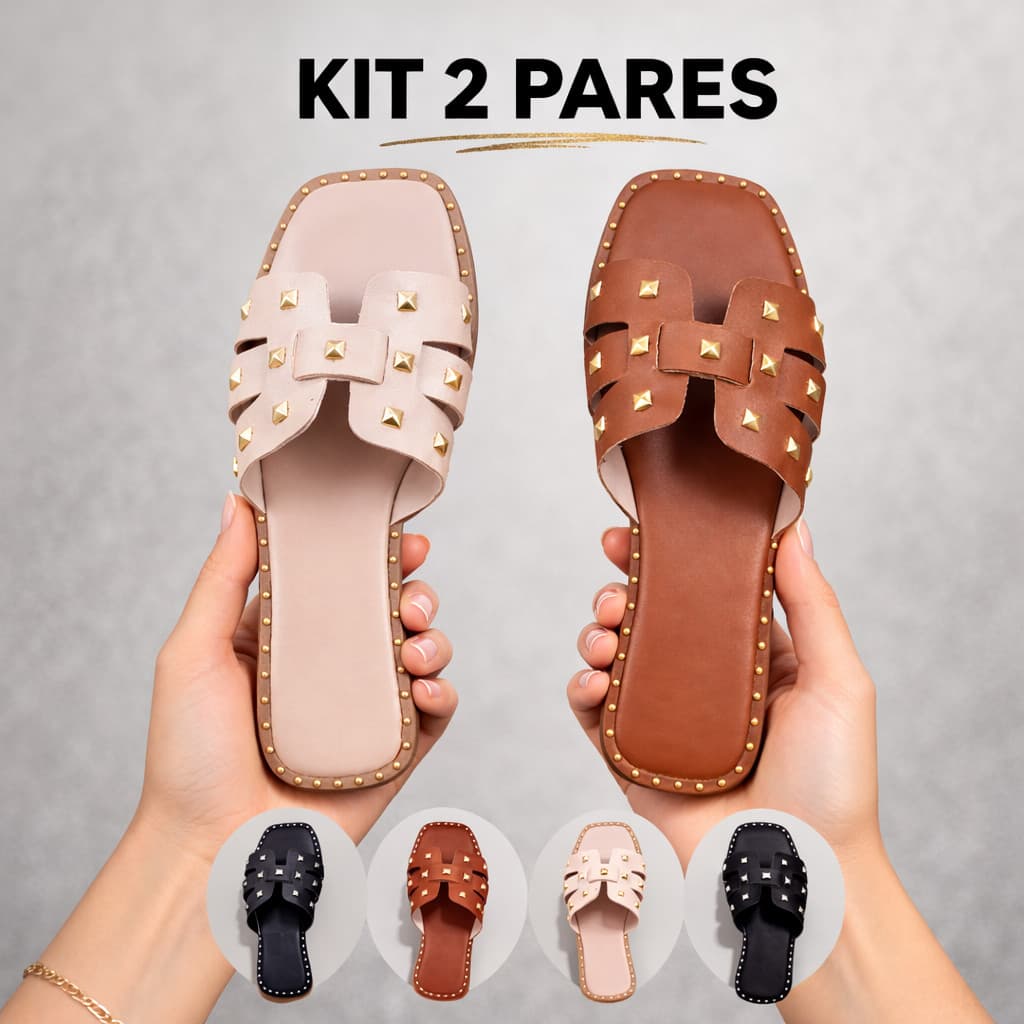 Kit 2 Pares Rasteirinha Feminina com Tachas Confortável Moda Verão