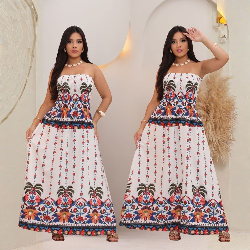 Vestido Longo Tomara que Caia com Elastex, tendencia Verão 2025 bicolor