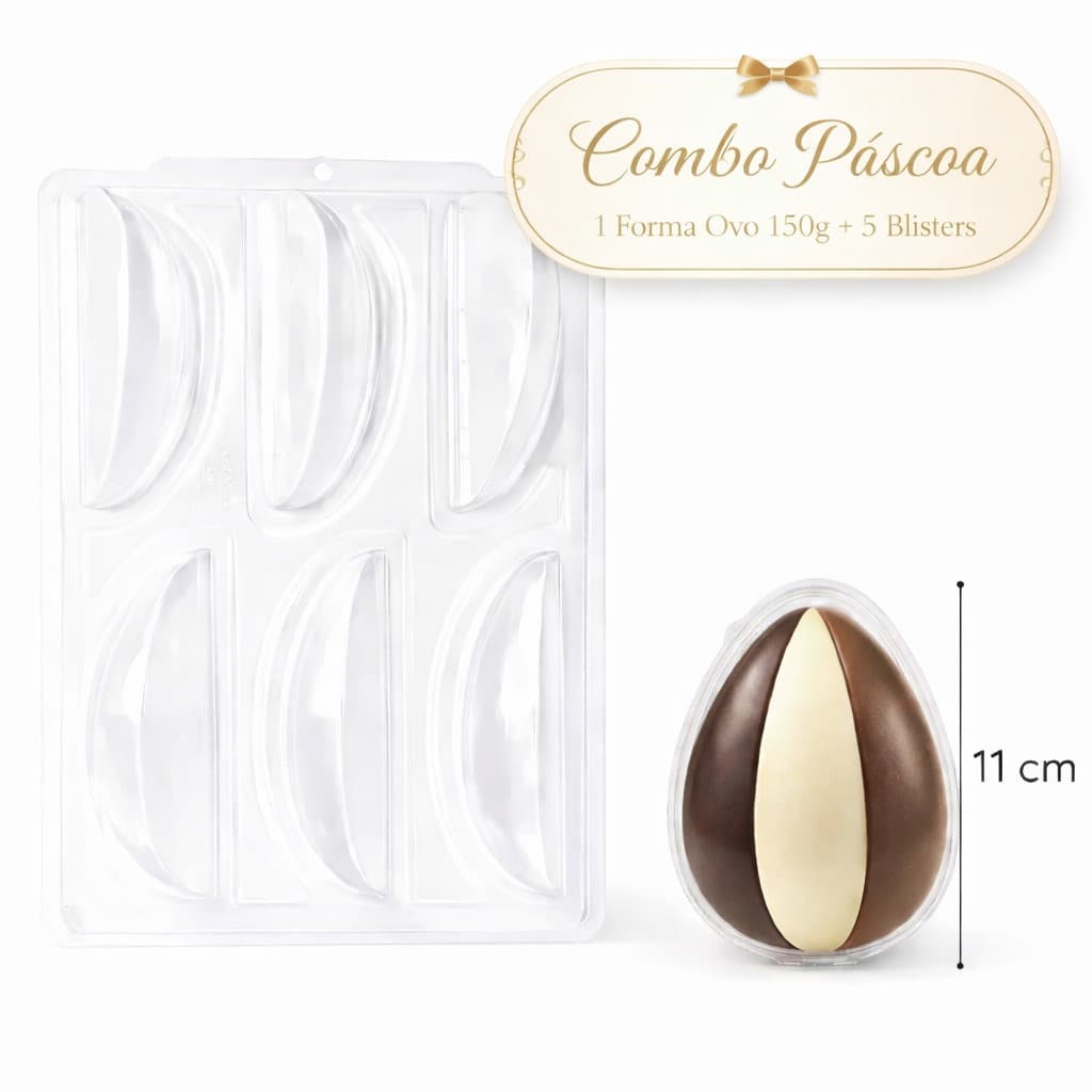 Combo Forma 3 Partes Ovo 6 Fatias 150g PET + Blister Articulado Kit Páscoa