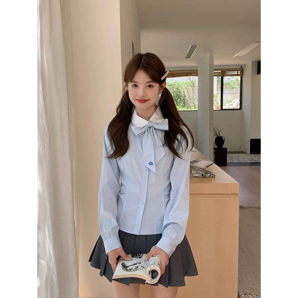 Tóquio ano-Old Times miu série estilo Preppy camisa início do outono camisa azul de manga comprida japonês doce gravata