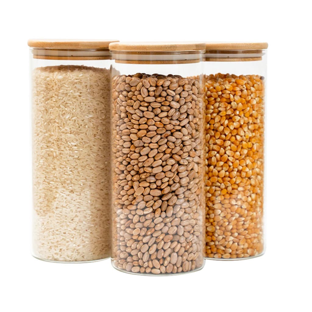 Kit 3 potes de vidro 1,6L tampa de bambu herméticos redondos - Tüd