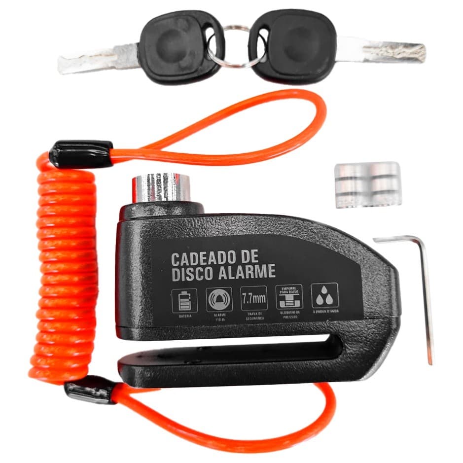 Cadeado trava Disco Moto Roda freio Alarme Sonoro com 2 chaves 7.7 mm - SHIVER - Lançamento -