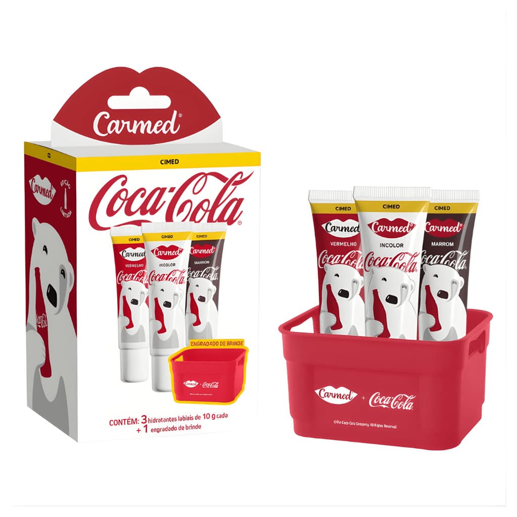 Hidratante Labial Coca-Cola com Engradado Vermelho, Incolor, Marrom - Bisnaga 10g, Linha Coca-Cola