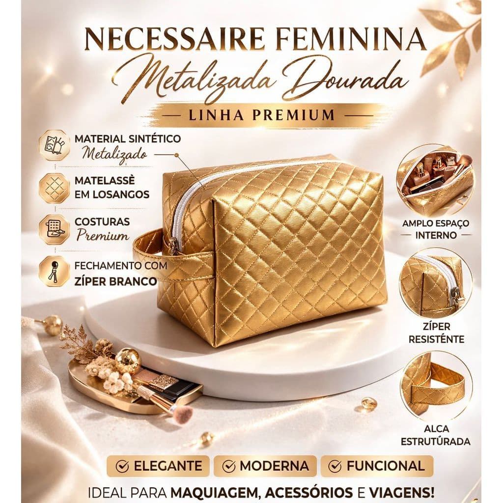 Nécessaire Feminina Dourada Zíper Alça – Ideal para Maquiagem, Acessórios e Viagem