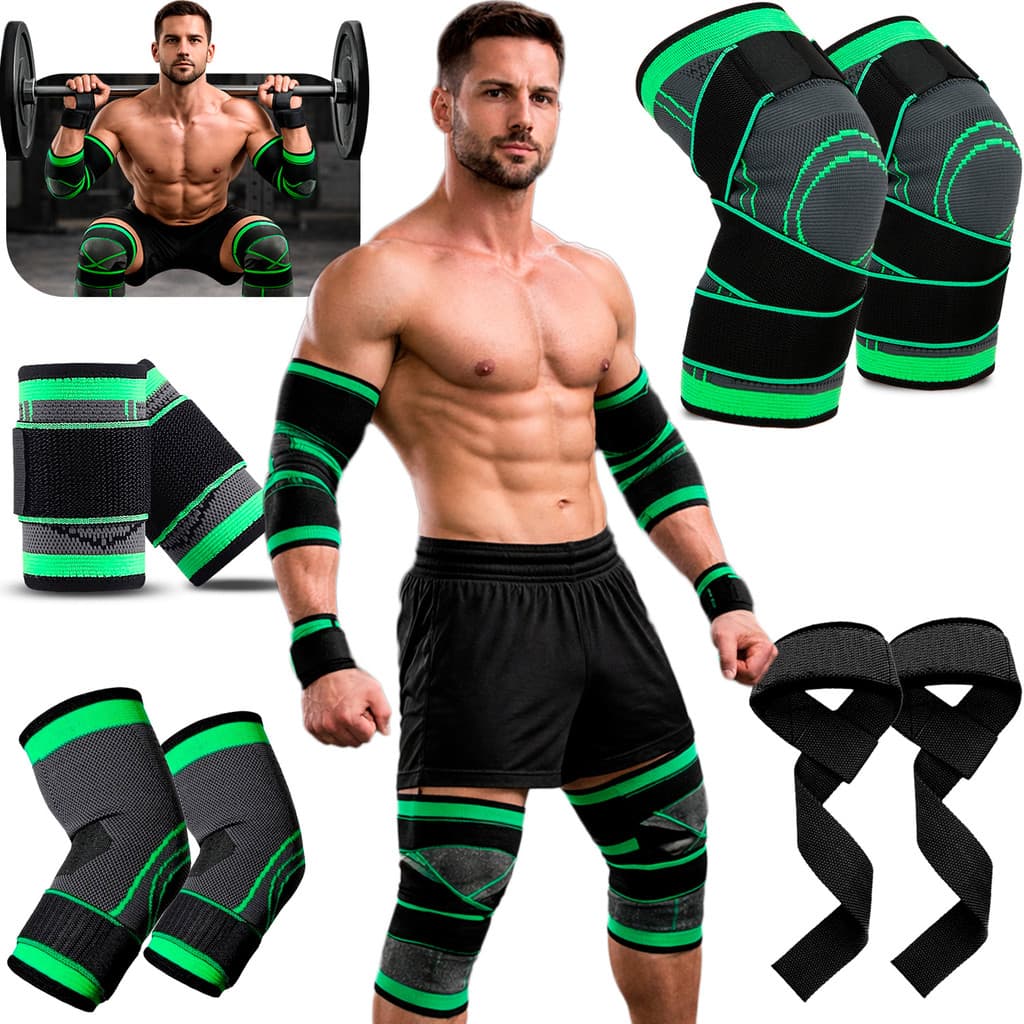 Kit 8 PROTEÇÃO TREINO FUNCIONAL ACADEMIA  2 Joelheira  2 Cotoveleira 2 Munhequeira 2 Straps
