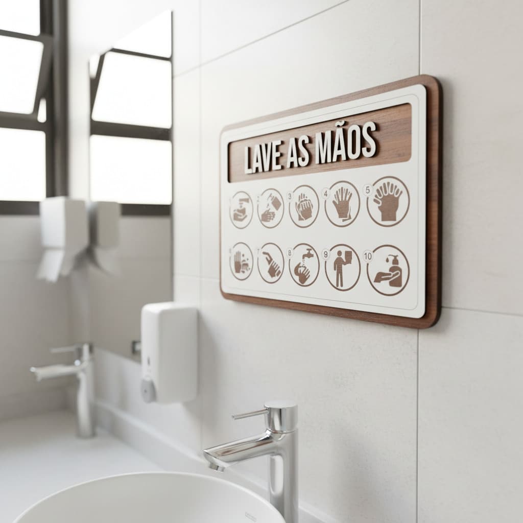 Placa de Sinalização  Aviso - Lave as mãos MDF Alto Relevo 30x21cm Para Porta