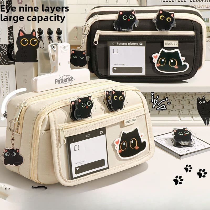 Adorável Estojo De Lápis De Gato De Desenho Animado Preto/Branco – Design Durável À Prova D'água Com Zíper Flip-top Tran