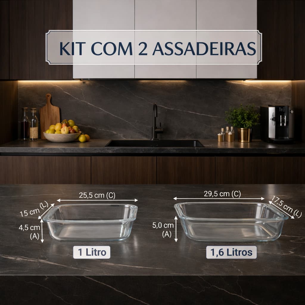 Kit Travessa Assadeira Refratário de Vidro Temperado Retangular 1L - 1.6L