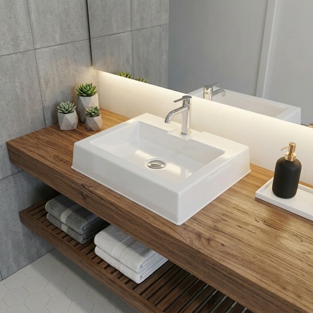 Cuba para Lavabo em Plástico com Espaço para Torneira Integrada Retangular   -   Ideal para Banheiro