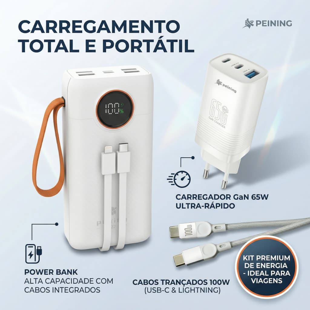 Kit Power Bank 30.000mAh + Carregador Turbo 65W + Cabo 100W Branco