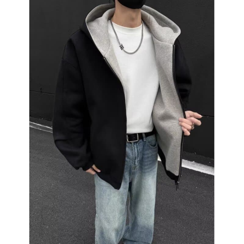 Contraste cor jaqueta dupla zíper Cardigan Casual 2025 All-Match solto com capuz casal topo primavera outono Hoodie